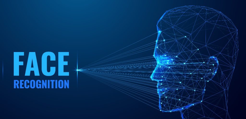 Ilustração de tecnologia de reconhecimento facial escaneando o rosto humano para controle de acesso